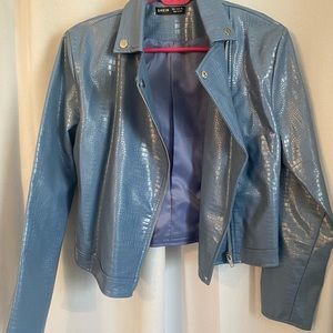 Snakeskin pattern blue leather jacket